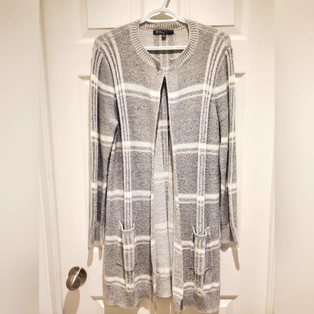 Grey and white long knit cardigan